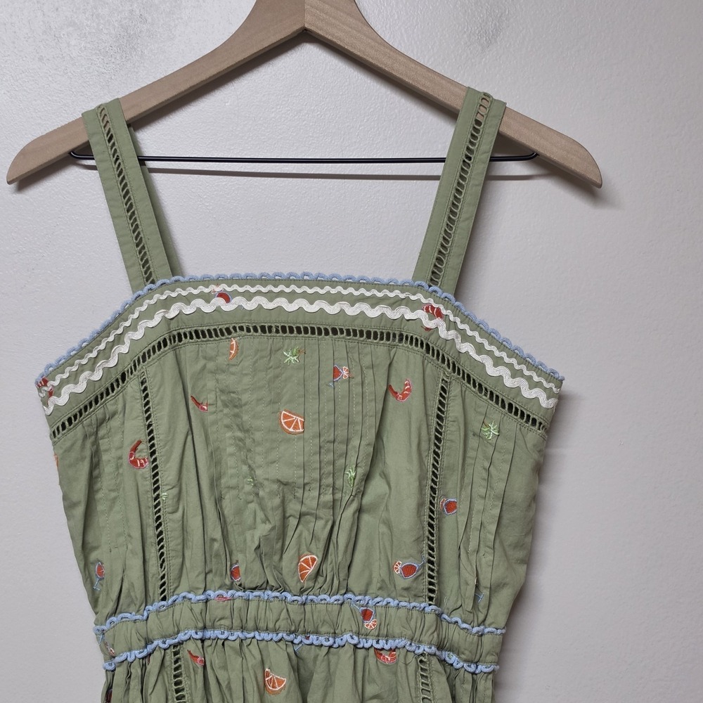 Roller Rabbit S Green Embroidered Fruit Maxi Dress Ric Rac Boho Cottagecore - Picture 3 of 10